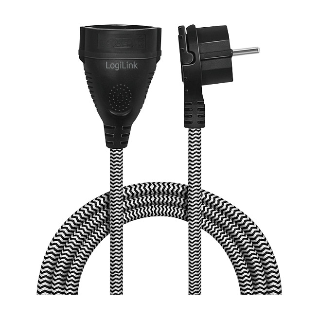 LogiLink Cable de extensión de alimentación CEE 7/7 a CEE 7/3, textil, 3 m, negro/gris