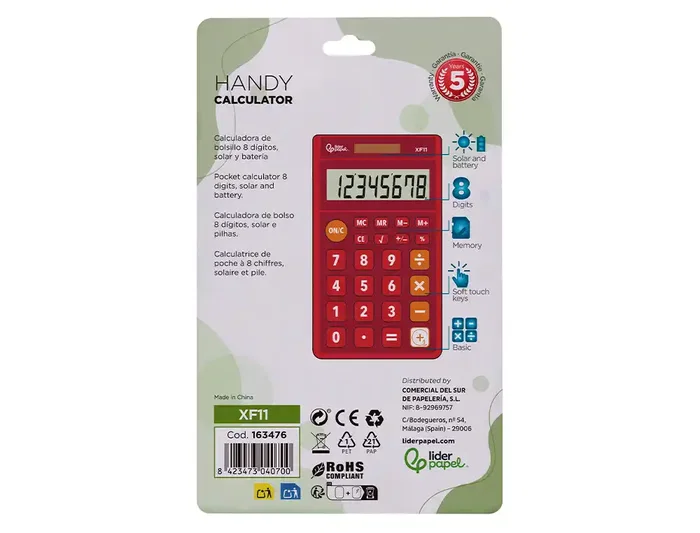 Liderpapel Calculadora xf11 Bolsillo 8 Dígitos Solar y Pilas Color Rojo 115x65x8 mm