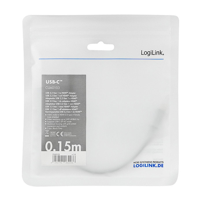 LogiLink Adaptador USB 3.2 Gen1 USB-C a HDMI 4K/60 Hz, Negro/Gris LogiLink Adaptador USB 3.2 Gen1 USB-C a HDMI 4K/60 Hz, Negro/Gris