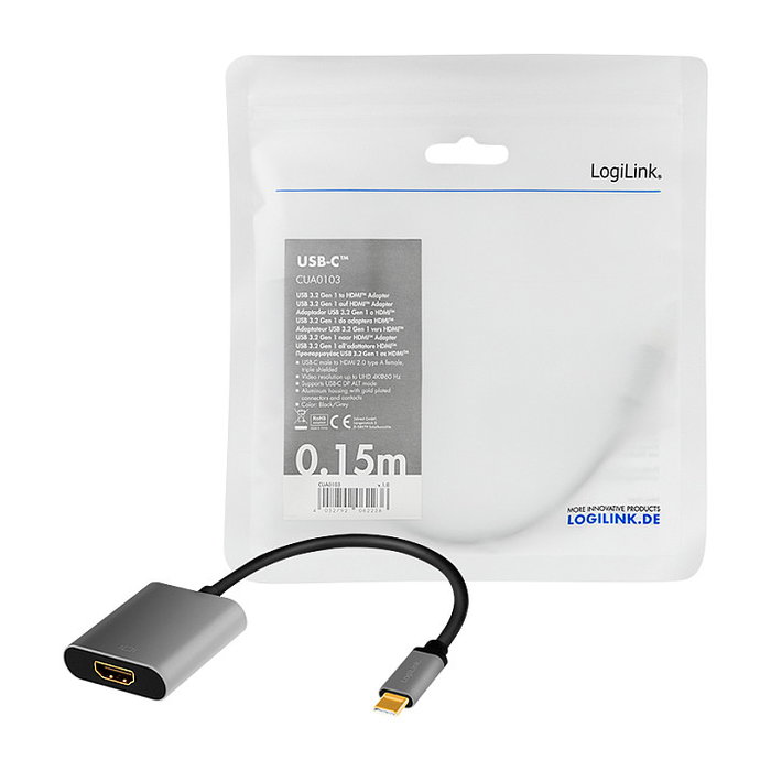LogiLink Adaptador USB 3.2 Gen1 USB-C a HDMI 4K/60 Hz, Negro/Gris LogiLink Adaptador USB 3.2 Gen1 USB-C a HDMI 4K/60 Hz, Negro/Gris