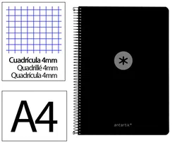 Antartik Cuaderno Espiral A4 80 Hojas, Tapa Foam, Papel 90 gr, Cuadrícula 4 mm con Margen - Color Negro