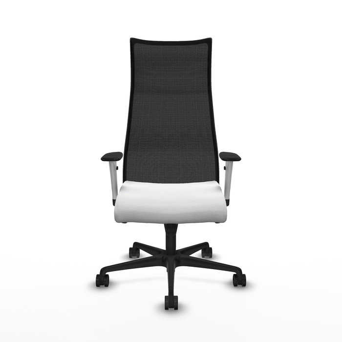 Sillón Albacete con mecanismo Sincro tapizada con Tela color Blanco y malla color Negro. Equipado con Base nailon negra, Brazos 1D y Ruedas 65mm nailon