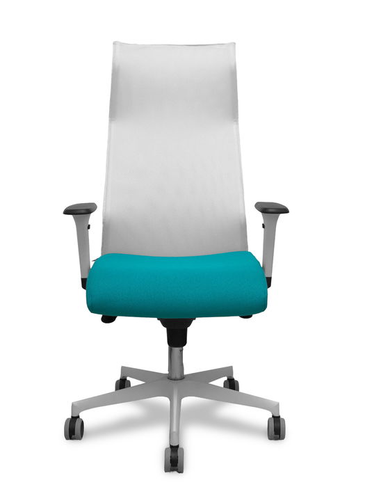 Sillón Albacete con mecanismo Sincro tapizada con Tela color Turquesa y malla color Blanco. Equipado con Base poliamida blanca, Brazos 1D y Ruedas 65 mm parqué