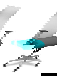 Sillón Albacete con mecanismo Sincro tapizada con Tela color Turquesa y malla color Blanco. Equipado con Base poliamida blanca, Brazos 1D y Ruedas 65 mm parqué