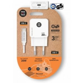 Tech One Tech TEC2221 Cargador de Pared 20W GaN con Cable USB-C Blanco