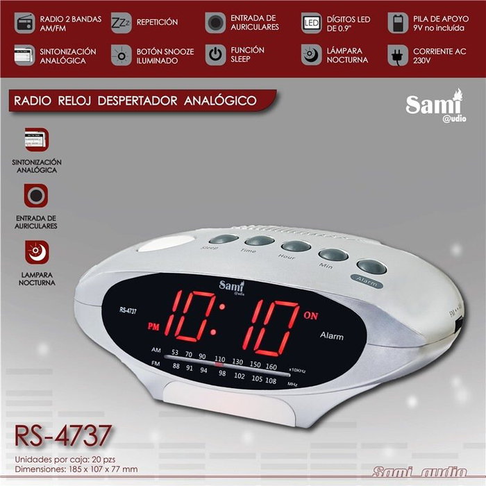 SAMI Radio Reloj Despertador Analógico AM/FM con Batería de Respaldo y Entrada para Auriculares 3.5 mm