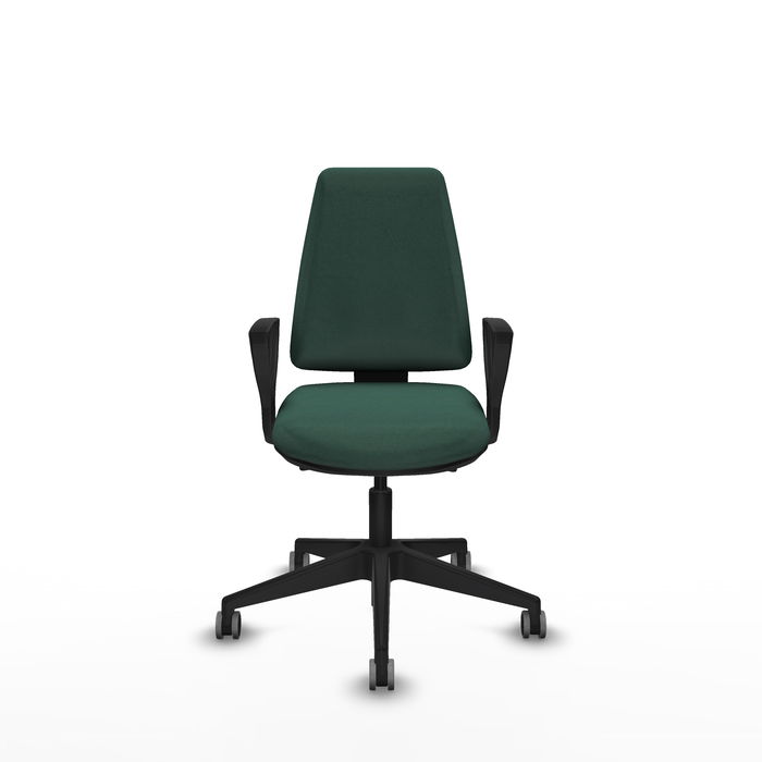 Silla de oficina Elche con mecanismo Asincro tapizada con Tela color Verde botella. Equipada con Base piramidal negra, Brazos fijos y Ruedas 65 mm parqué