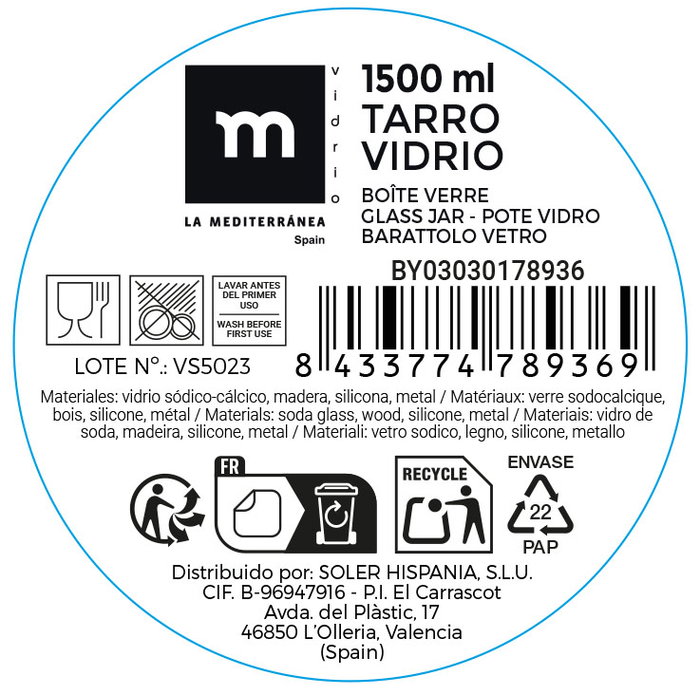 La Mediterranea Tarro de Vidrio con Tapa de Acacia 1500 ml, Dimensiones 11,5 cm (Ancho) x 19,7 cm (Alto) x 11,7 cm (Largo) (12 Unidades) La Mediterranea Tarro de Vidrio con Tapa de Acacia 1500 ml, Dimensiones 11,5 cm (Ancho) x 19,7 cm (Alto) x 11,7 cm (Largo) (12 Unidades)