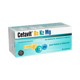 CEFAK D3-K2-Mg 60 Cápsulas. Complemento alimenticio con Vitamina D3, K2 y Magnesio para huesos y músculos.