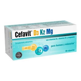 CEFAK D3-K2-Mg 60 Cápsulas. Complemento alimenticio con Vitamina D3, K2 y Magnesio para huesos y músculos.