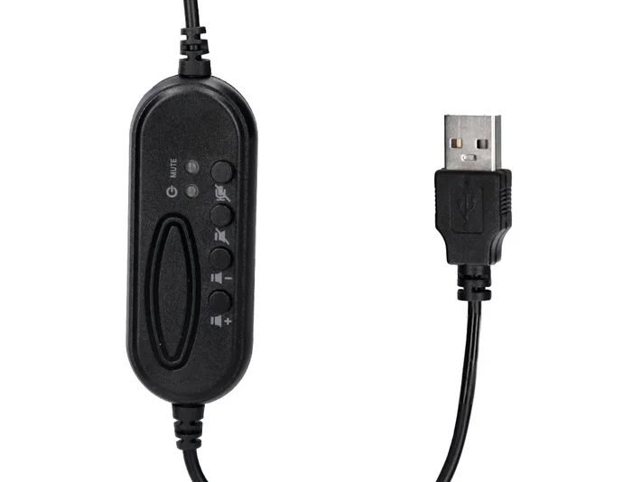 Q-connect Auricular Binaural Diadema con Micrófono USB y Control de Volumen, Cable 2m, Color Negro