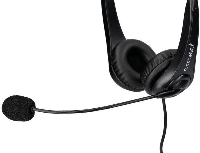 Q-connect Auricular Binaural Diadema con Micrófono USB y Control de Volumen, Cable 2m, Color Negro