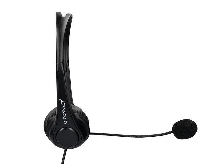 Q-connect Auricular Binaural Diadema con Micrófono USB y Control de Volumen, Cable 2m, Color Negro