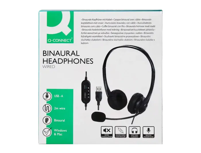 Q-connect Auricular Binaural Diadema con Micrófono USB y Control de Volumen, Cable 2m, Color Negro
