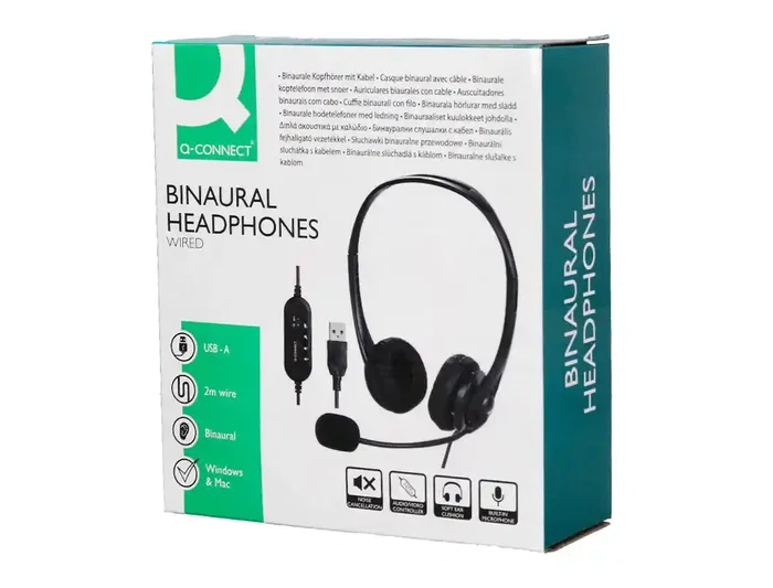 Q-connect Auricular Binaural Diadema con Micrófono USB y Control de Volumen, Cable 2m, Color Negro