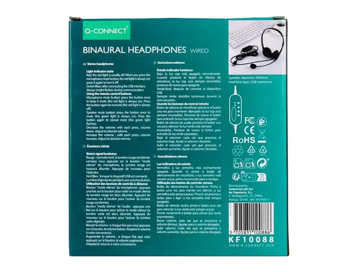 Q-connect Auricular Binaural Diadema con Micrófono USB y Control de Volumen, Cable 2m, Color Negro
