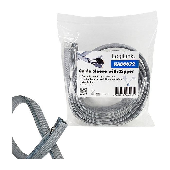 LogiLink Funda para cables con cremallera, Poliéster, 30 mm, 2 m, gris