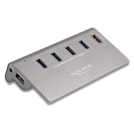 DeLOCK Hub USB 10 Gbps con 4 Puertos USB Tipo-A 3.2 Gen 2, 1 Puerto de Carga Rápida y Fuente de Alimentación Incluida - USB 3.1 Gen 2, Plug & Play, Gris Metal