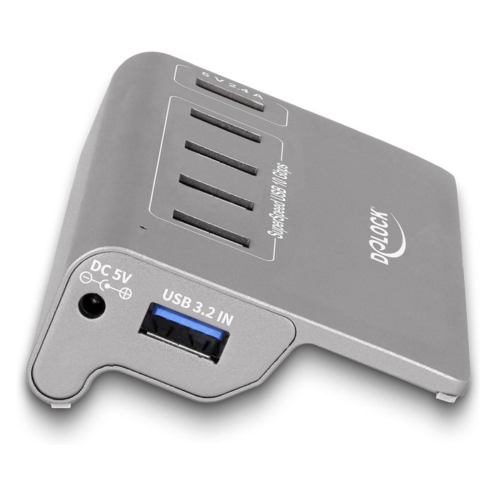 DeLOCK Hub USB 10 Gbps con 4 Puertos USB Tipo-A 3.2 Gen 2, 1 Puerto de Carga Rápida y Fuente de Alimentación Incluida - USB 3.1 Gen 2, Plug & Play, Gris Metal