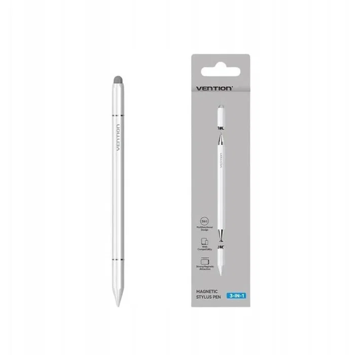 Vention Lápiz Stylus Magnético 3 en 1 para Tablets y Móviles (Bolígrafo, Puntas de Tela y Ventosa), Modelo KQL, Color Blanco