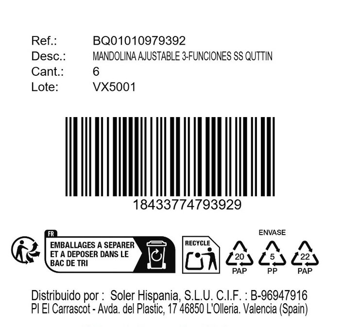 Inde Mandolina Ajustable de Cocina, 3 Funciones de Corte, Acero Inoxidable, Dimensiones 41.1 x 17.6 x 8.1 cm (6 Unidades)
