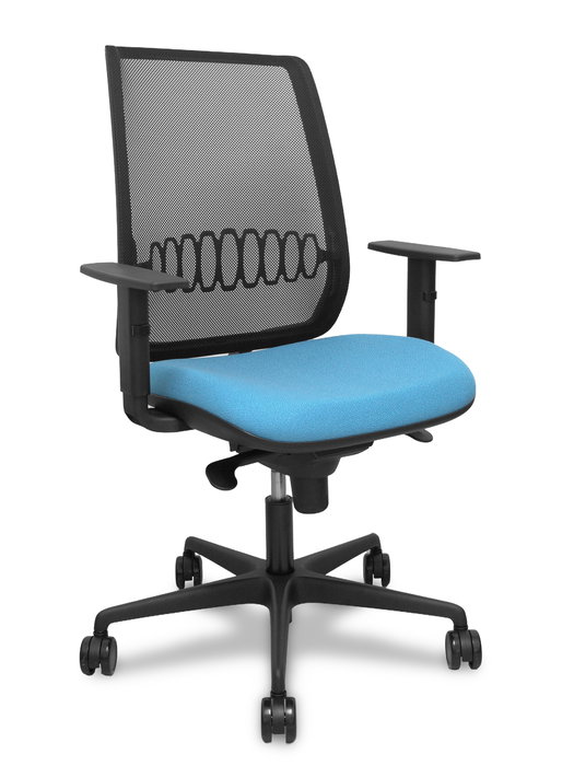 Silla de oficina Alares con mecanismo Sincro tapizada con Tela color Azul cielo y malla color Negro. Equipada con lumbar 1D, Brazos 1D y Ruedas 65mm nailon Silla de oficina Alares con mecanismo Sincro tapizada con Tela color Azul cielo y malla color Negro. Equipada con lumbar 1D, Brazos 1D y Ruedas 65mm nailon