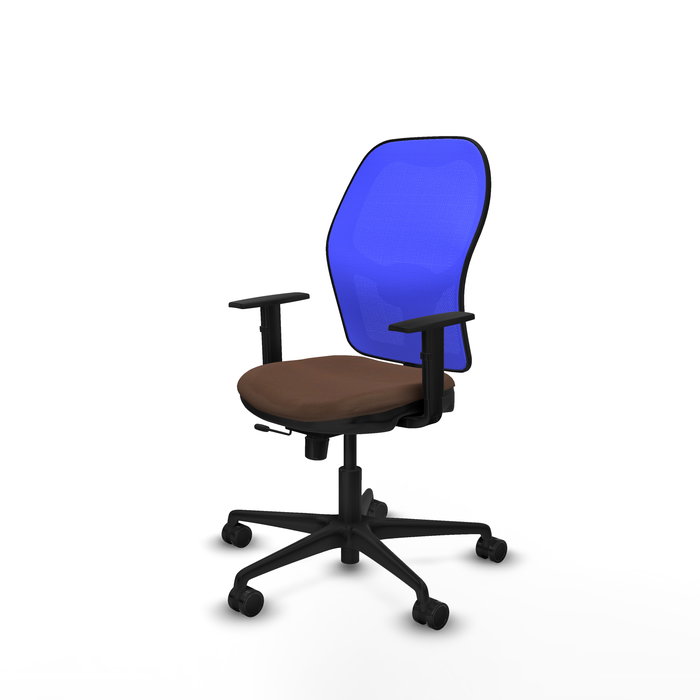 Silla de oficina Jorquera con mecanismo Sincro/Traslack tapizada con Tela color Marrón oscuro y malla color Azul. Equipada con lumbar 1D, Brazos 1D y Ruedas 65mm nailon