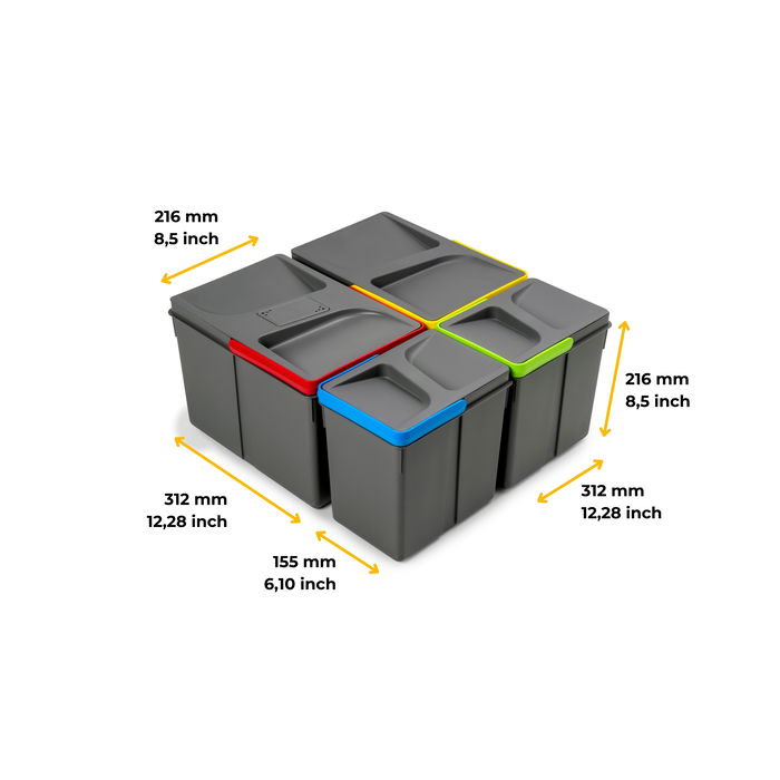 Emuca Contenedores para cajón de cocina Recycle con tapa anti olores, Altura 216mm, 2x12litros, 2x6litros, Plástico gris antracita