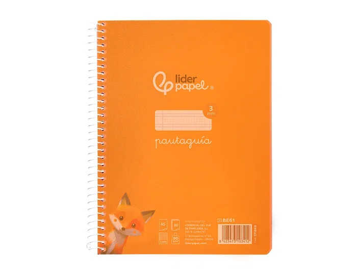 Liderpapel Cuaderno espiral Pautaguía A5, Tapa Plástico, 80 Hojas 90gr, Cuadro Pautado 3mm, Color Naranja