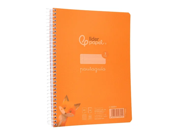 Liderpapel Cuaderno espiral Pautaguía A5, Tapa Plástico, 80 Hojas 90gr, Cuadro Pautado 3mm, Color Naranja