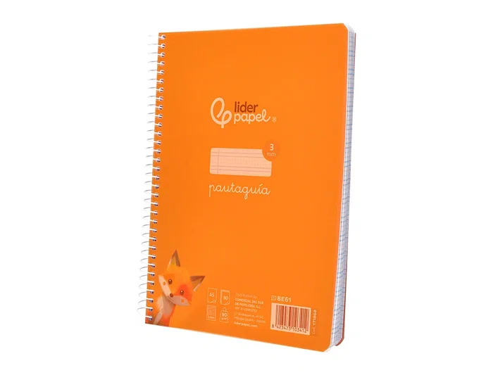 Liderpapel Cuaderno espiral Pautaguía A5, Tapa Plástico, 80 Hojas 90gr, Cuadro Pautado 3mm, Color Naranja