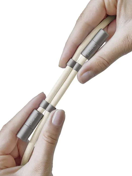 Intenso Cable USB-C a USB-C 2-en-1 Collar de Carga Rápida 60W PD 3.0 QC 4.0 Largo 1.65m Color Beige con Lanyard y Soporte 7991001