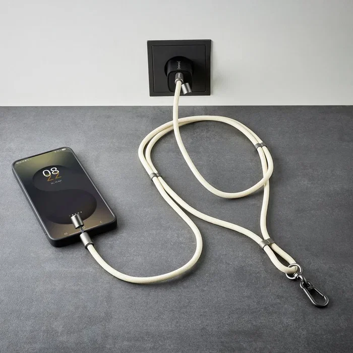 Intenso Cable USB-C a USB-C 2-en-1 Collar de Carga Rápida 60W PD 3.0 QC 4.0 Largo 1.65m Color Beige con Lanyard y Soporte 7991001