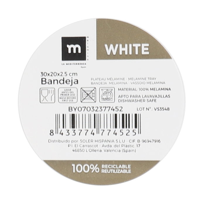 La Mediterranea Bandeja de Melamina Mate White (12 Unidades) 30 x 20 cm (aprox.)