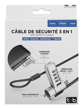 T'nb Cable de bloqueo 3 en 1 con código, compatible con T-bar, Nano y Wedge