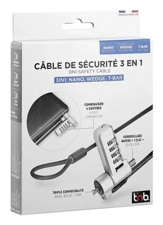 T'nb Cable de bloqueo 3 en 1 con código, compatible con T-bar, Nano y Wedge