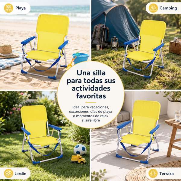 JugaToys Silla de playa de aluminio fija amarillo neón con asas