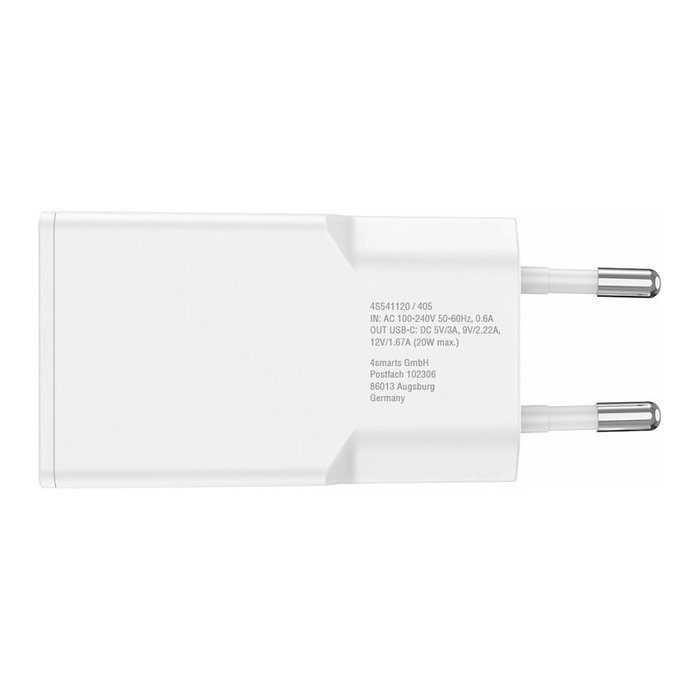 4smarts Ladegert PDPlug Slim Cargador GaN 20W USB-C con Cable 1.5 m Blanco - Carga Rápida Quick Charge