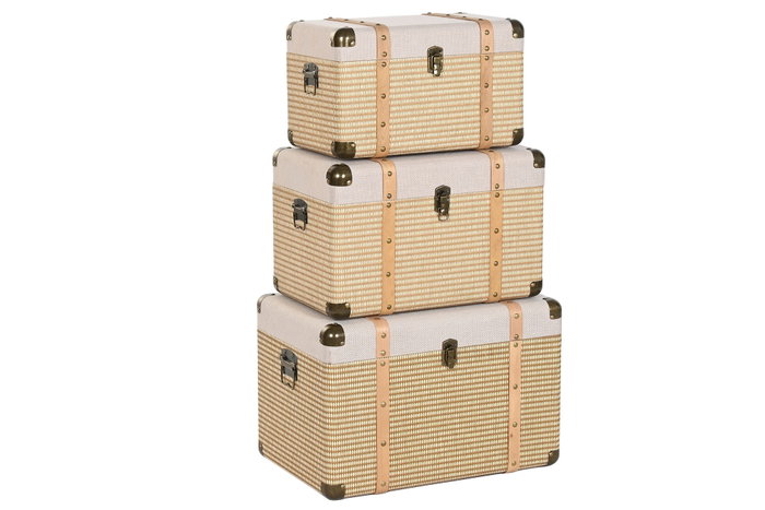 DKD Home Decor Baúl Tradicional Natural 54 x 35.5 x 35 cm Set 3 Piezas Poliéster Madera