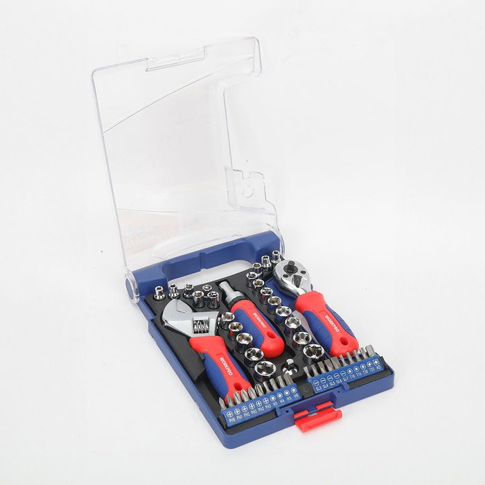 Workpro Conjunto de Herramientas Cortas 46 Piezas Acero Carbono Vasos Métricos SAE Estuche Plástico