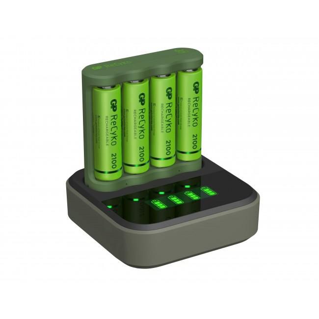 GP ReCyko E421 Cargador Compacto para 4 Pilas AA/AAA NiMH 2100mAh con Base D451 y Pantalla LCD - Alimentación USB