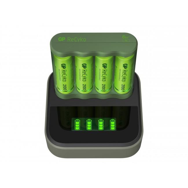 GP ReCyko E421 Cargador Compacto para 4 Pilas AA/AAA NiMH 2100mAh con Base D451 y Pantalla LCD - Alimentación USB