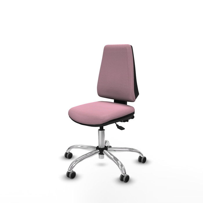 Silla de oficina Elche con mecanismo Asincro tapizada con Tela color Rosa. Equipada con Base cromada, Sin brazos y Ruedas 65 mm parqué
