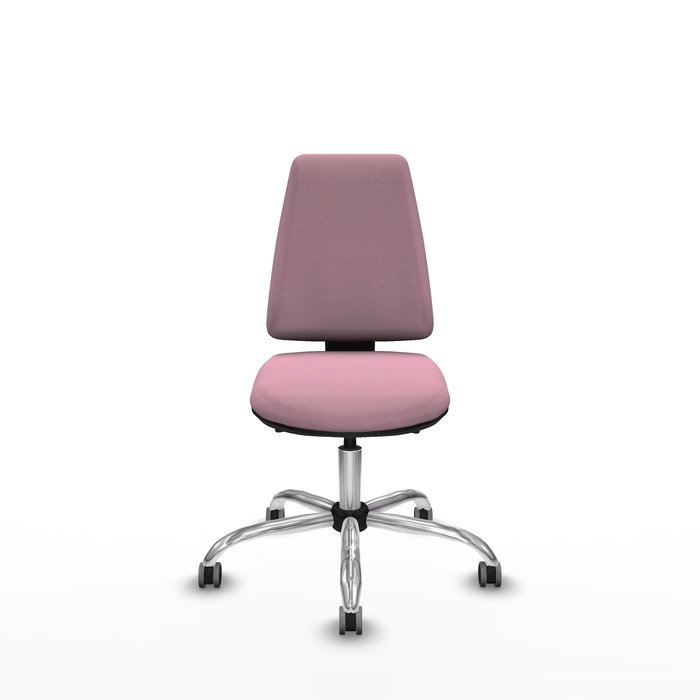Silla de oficina Elche con mecanismo Asincro tapizada con Tela color Rosa. Equipada con Base cromada, Sin brazos y Ruedas 65 mm parqué