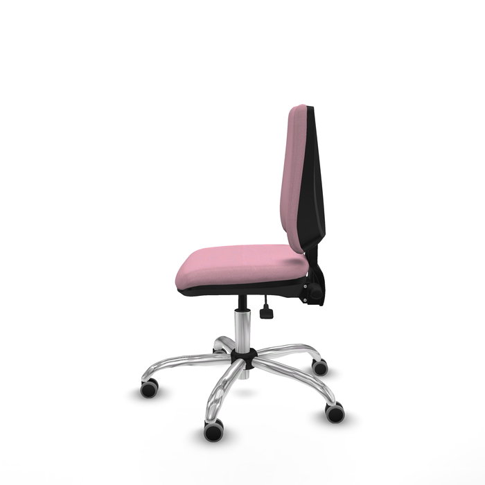 Silla de oficina Elche con mecanismo Asincro tapizada con Tela color Rosa. Equipada con Base cromada, Sin brazos y Ruedas 65 mm parqué