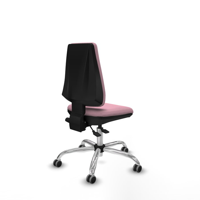 Silla de oficina Elche con mecanismo Asincro tapizada con Tela color Rosa. Equipada con Base cromada, Sin brazos y Ruedas 65 mm parqué