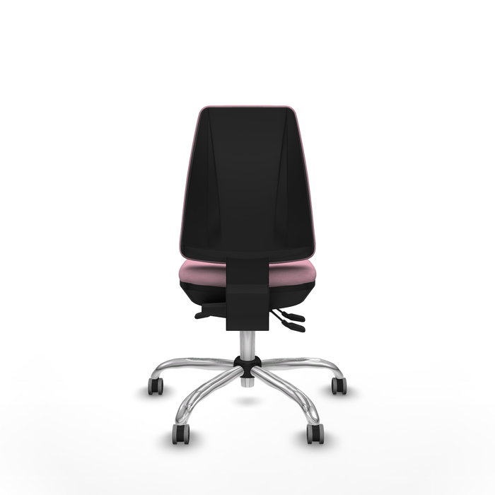 Silla de oficina Elche con mecanismo Asincro tapizada con Tela color Rosa. Equipada con Base cromada, Sin brazos y Ruedas 65 mm parqué