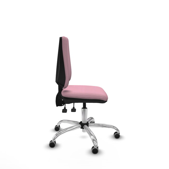 Silla de oficina Elche con mecanismo Asincro tapizada con Tela color Rosa. Equipada con Base cromada, Sin brazos y Ruedas 65 mm parqué