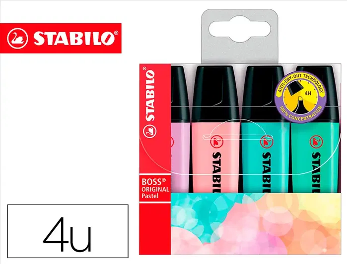 Stabilo BOSS ORIGINAL Marcadores Fluorescentes Pastel, Pack de 4 unidades