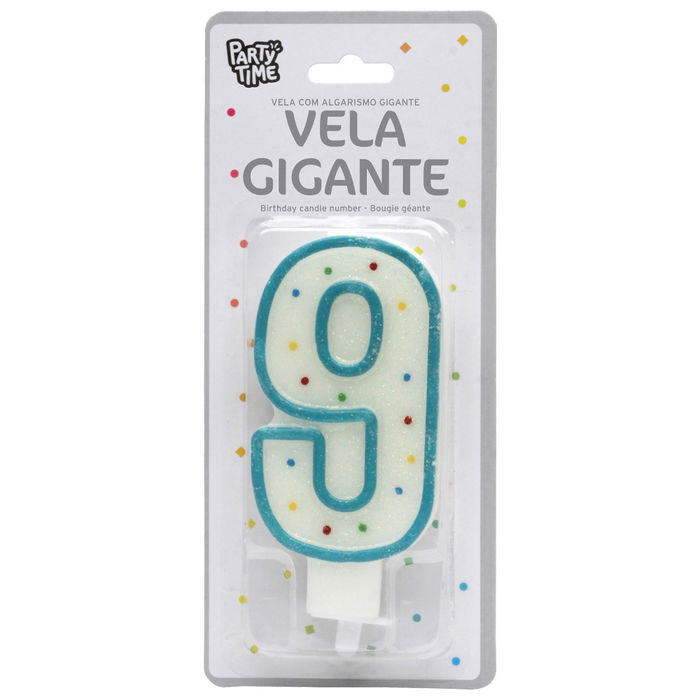 Party Time Vela Aniversario Número 9 con Pincho para Tarta, Decorada, 14 cm